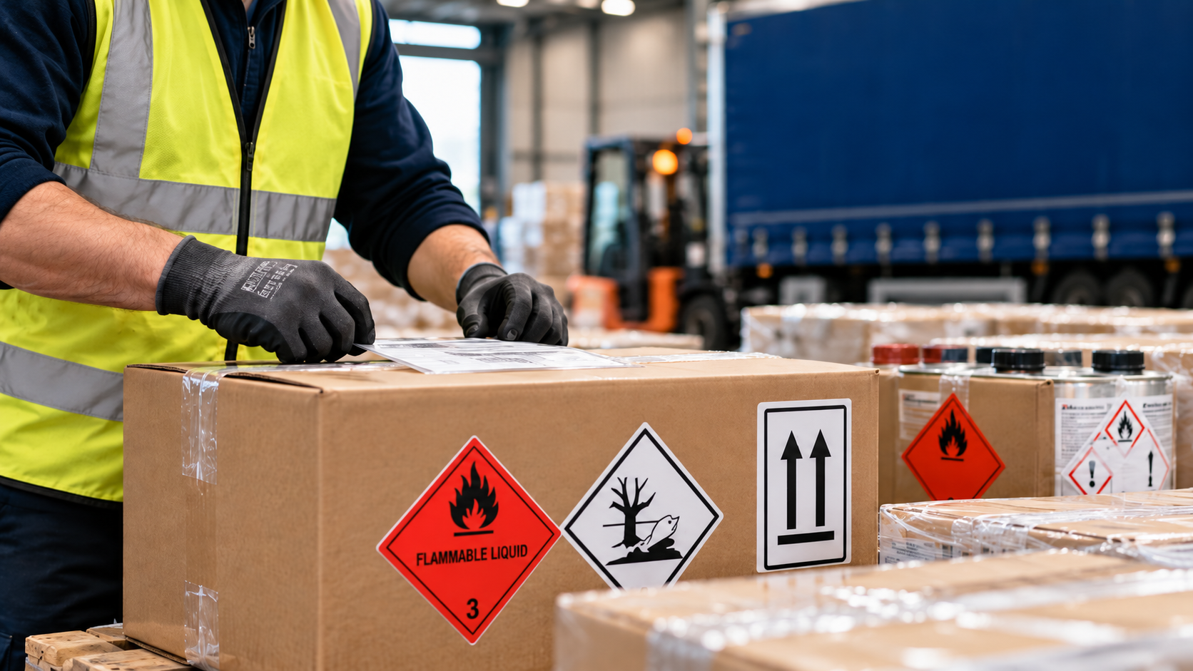 Hazardous parcel packaging being prepared with appropriate warning labels and transport documentation